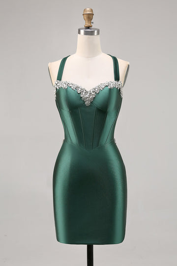 Corset Satin Bodycon Dark Green Cocktail Dress